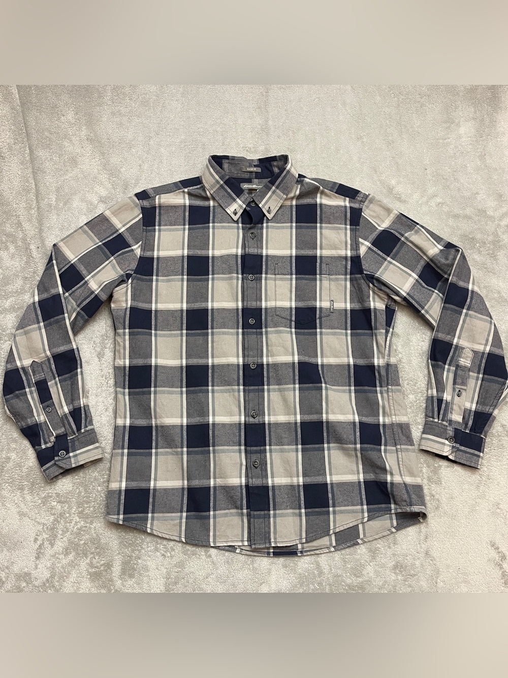 Eddie Bauer Mens Large Blue Gray Plaid Flannel Shirt Long Sleeve Classic Cotton